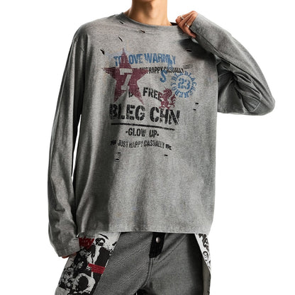 Vintage Distressed Ripped Long-Sleeve T-Shirt – Oversized Unisex Graphic Pullover Top