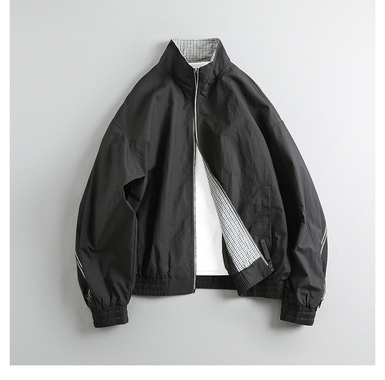 Japanese Retro Zipper Plaid Stitching Stand Collar Cropped Jacket – Spring Jacket for Men – Japanese vintage | yamalin clothes | Yamalinclothes