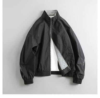 Japanese Retro Zipper Plaid Stitching Stand Collar Cropped Jacket – Spring Jacket for Men – Japanese vintage | yamalin clothes | Yamalinclothes