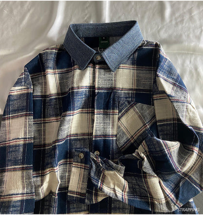 Japanese Vintage Spliced Collar Oversized Plaid Cotton Shirt – Unisex Long-Sleeve Check Shirt – Japanese vintage | yamalin clothes | Yamalinclothes