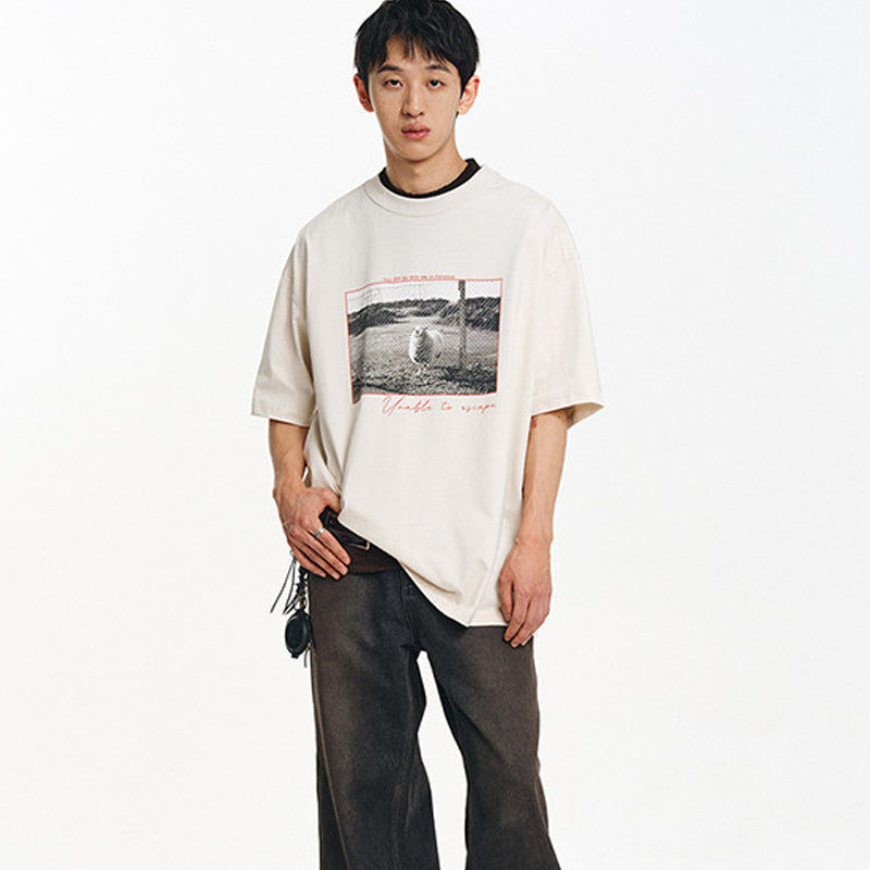 White ink direct printing cool-feel sun protection loose round neck short-sleeved shirt | Japanese vintage | yamalin clothes | Yamalinclothes