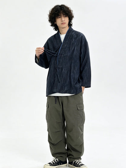 Indigo-Dyed Cotton Linen Haori Lace-Up Jacket – Chinese Japanese Unisex – Japanese vintage | yamalin clothes | Yamalinclothes