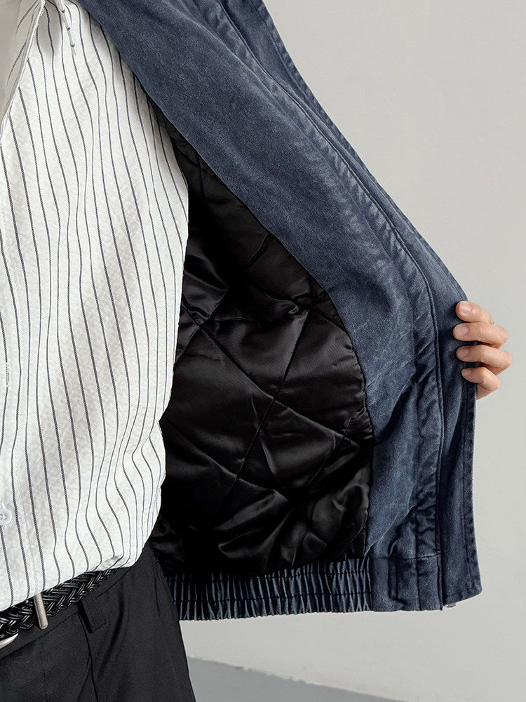 Vintage Distressed Padded Denim Jacket – Oversized Men’s Zipper-Trim Quilted Trucker Coat