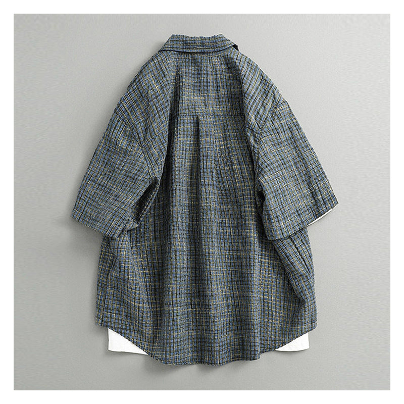 Retro Seersucker Plaid Shirt – Loose Fit Japanese Summer Short Sleeve for Men – Japanese vintage | yamalin clothes | Yamalinclothes