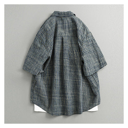 Retro Seersucker Plaid Shirt – Loose Fit Japanese Summer Short Sleeve for Men – Japanese vintage | yamalin clothes | Yamalinclothes