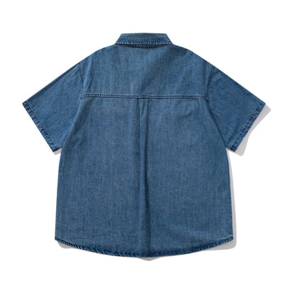 Japanese Vintage Multi-Pocket Denim Short Sleeve Shirt – Loose Fit Utility Workwear for Men – Japanese vintage | yamalin clothes | Yamalinclothes
