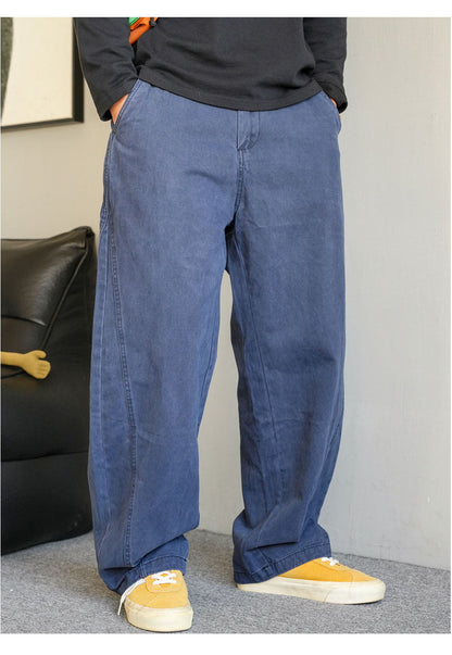 Blue Vintage Utility Pants, Heavy-Duty Washed Distressed Casual Loose Wide-Leg Men's Long Pants Made of Pure Cotton