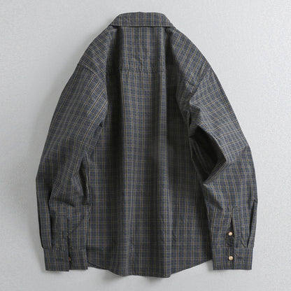 Japanese Retro Plaid Shell Buckle Long Sleeve Shirt – Loose Versatile Cotton Shirt for Men – Japanese vintage | yamalin clothes | Yamalinclothes