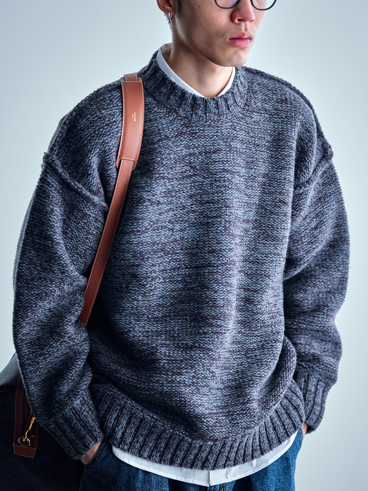 Japanese imported heavyweight high-density woven wool round neck pullover long-sleeved sweater