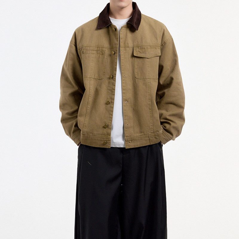 {{ American Vintage Detroit Cargo Jacket – Washed Canvas Contrast Lapel Loose Fit for Men – Japanese vintage | yamalin clothes | Yamalinclothes }}