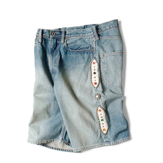 Japanese Retro Washed Denim Shorts – Gemstone Stud Detail Casual Streetwear