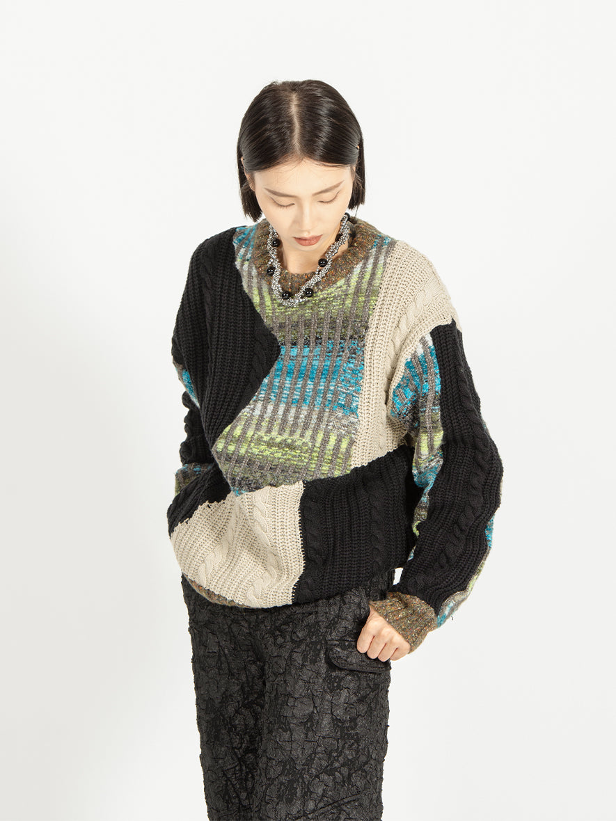 Heavy-weight twisted patchwork gradient back collar camel wool sweater