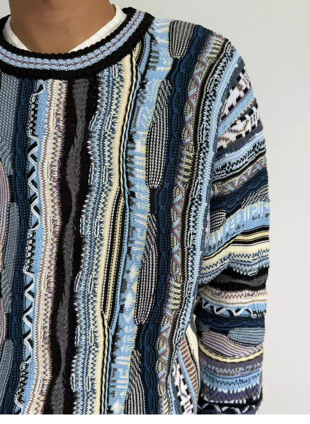 Vertical Stripe Patchwork Jacquard Crew Neck Sweater – Loose Unisex