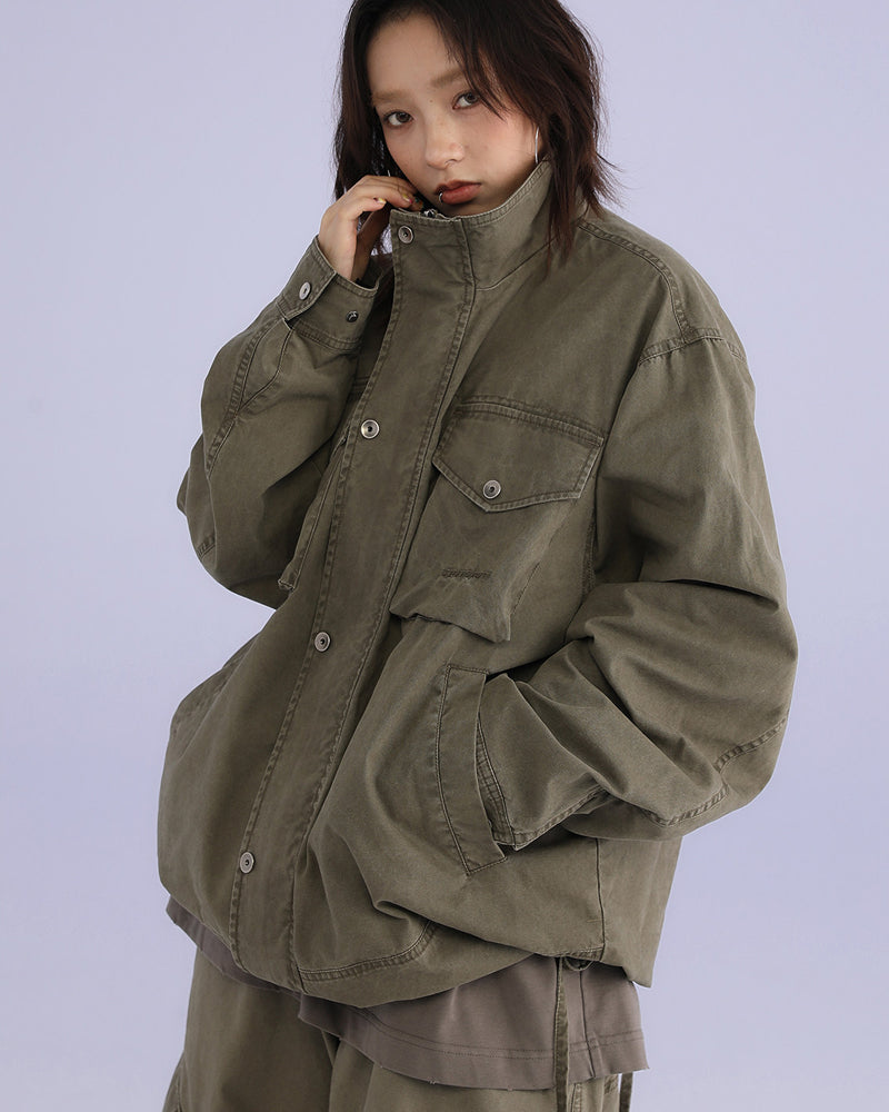 American Retro Stand Collar Cargo Jacket – Loose Unisex Autumn