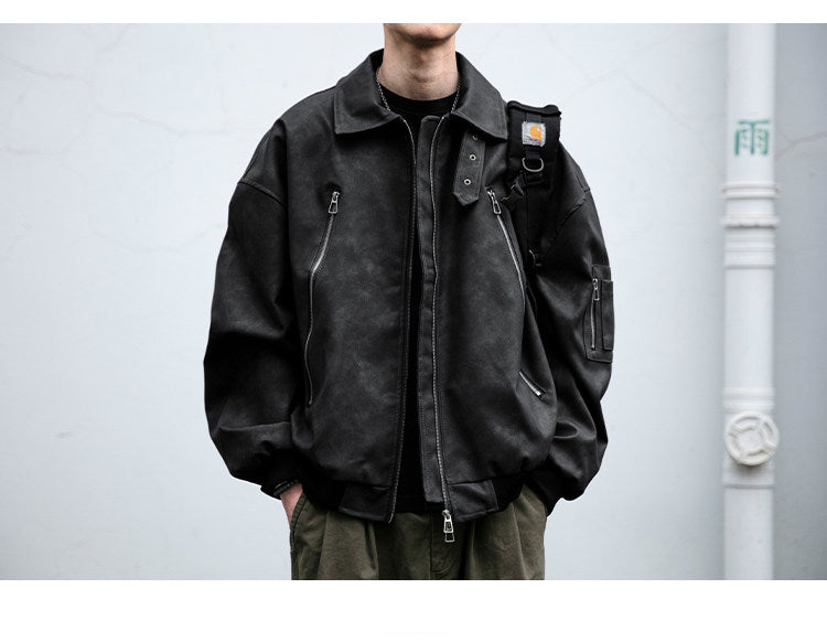 Double-Zip Stand-Collar PU Leather Jacket – Vintage Oversized Unisex