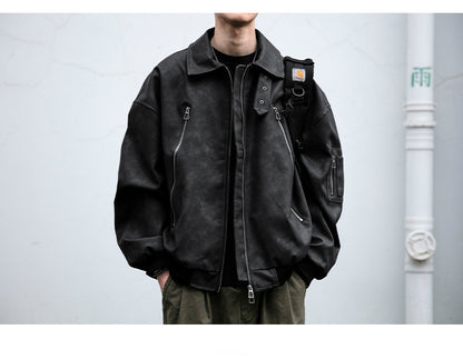 Double-Zip Stand-Collar PU Leather Jacket – Vintage Oversized Unisex