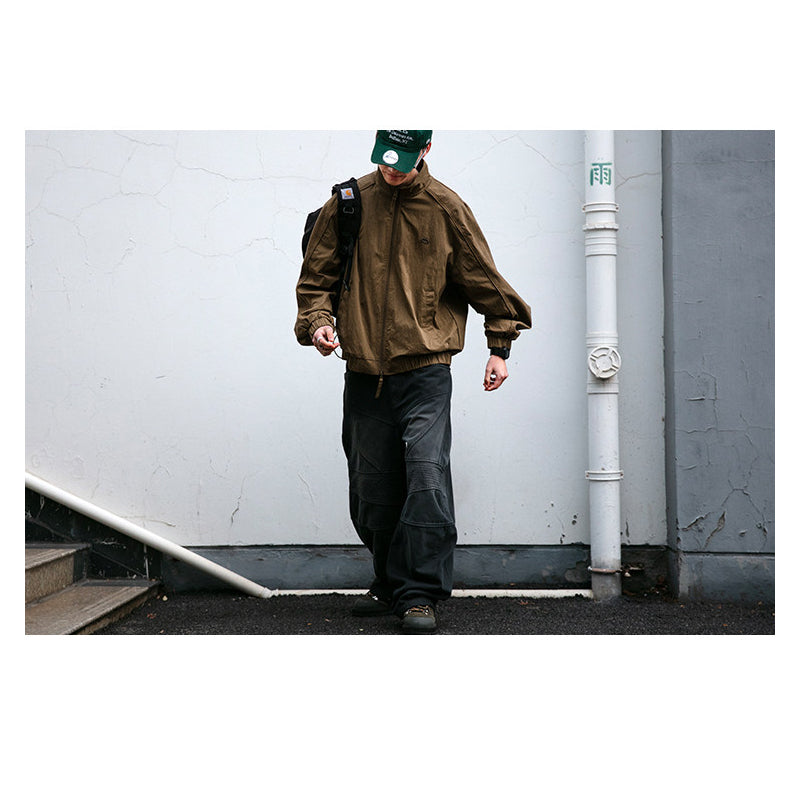 Spliced Textured Stand-Collar Jacket – American Retro Oversized Unisex