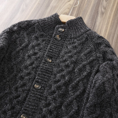 80% Wool Cable Knit Cardigan – Men's Stand Collar Raglan Sleeve Sweater