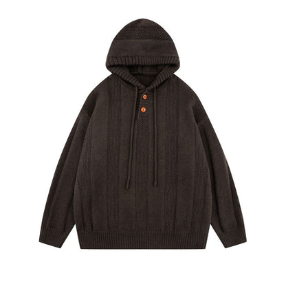 Japanese Hooded Knit Pullover – Unisex Oversized Thick Blue Coffee