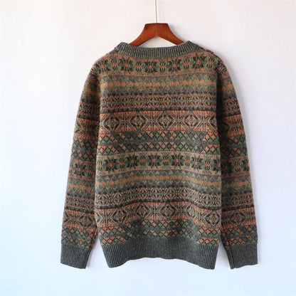 100% Wool Jacquard Stripe Crew Neck Sweater – Men's Thick Knit Pullover