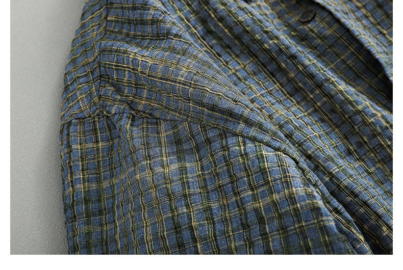 Retro Seersucker Plaid Shirt – Loose Fit Japanese Summer Short Sleeve for Men – Japanese vintage | yamalin clothes | Yamalinclothes