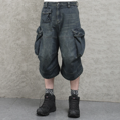 Siri Loose Denim Shorts, Heavy Wash, Distressed Cropped Pants, High Street Large Pockets, 3D Silhouette Medium Pants – Japanese vintage | yamalin clothes | Yamalinclothes