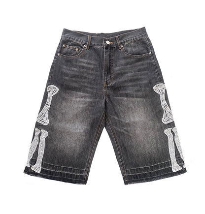 Loose Embroidered Bone Distressed Denim Shorts – Washed Unisex Oversized Streetwear