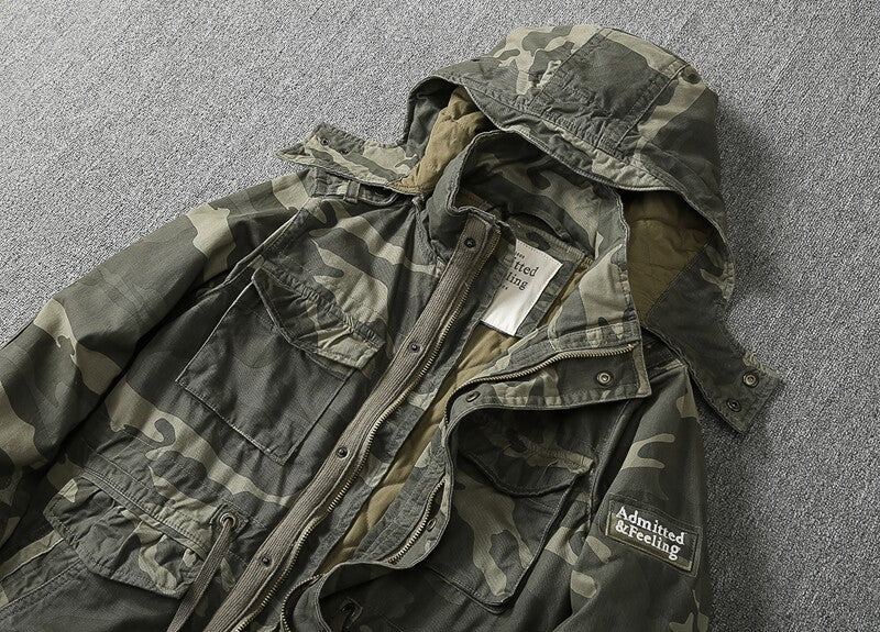 Heavy Distressed Hooded Camouflage Cargo Jacket – Oversized Cotton Outdoor Coat