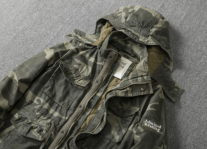 Heavy Distressed Hooded Camouflage Cargo Jacket – Oversized Cotton Outdoor Coat