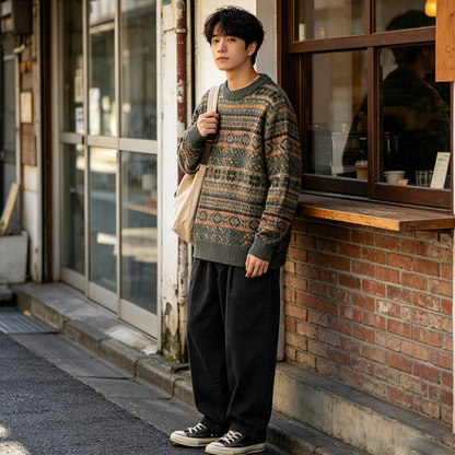 100% Wool Jacquard Stripe Crew Neck Sweater – Men's Thick Knit Pullover