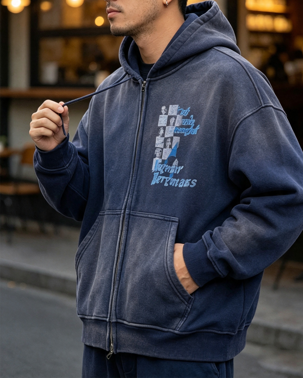 Vintage Faded Fleece Zip-Up Graphic Hoodie – Men's Oversized Navy Sweatshirt – Japanese vintage | yamalin clothes | Yamalinclothes