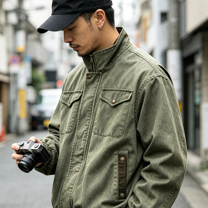 Japanese Workwear Multi-Pocket Stand Collar Jacket – Loose Oversized Men's Coat