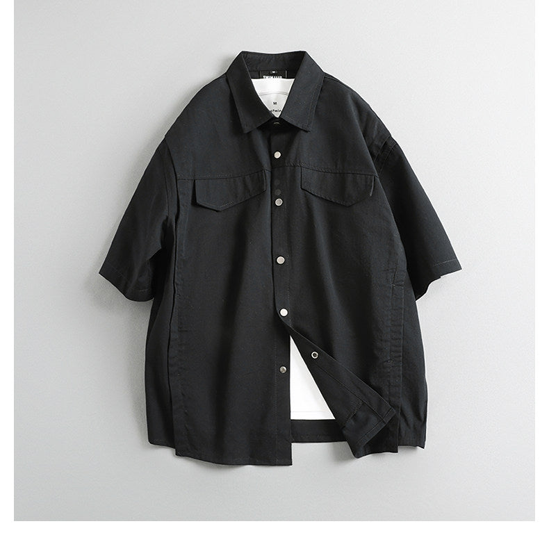 Retro Patchwork Workwear Shirt – Loose Fit Utility Short Sleeve Shirt for Men – Japanese vintage | yamalin clothes | Yamalinclothes