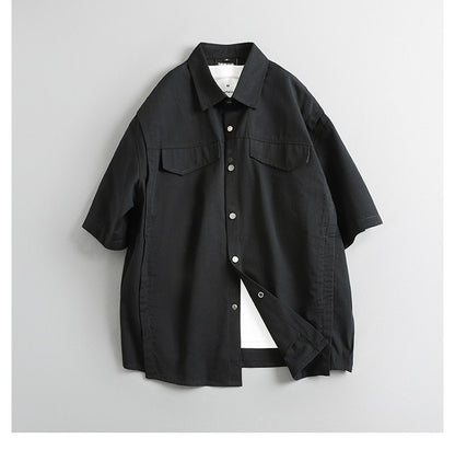 Retro Patchwork Workwear Shirt – Loose Fit Utility Short Sleeve Shirt for Men – Japanese vintage | yamalin clothes | Yamalinclothes