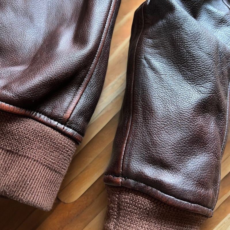 Vintage Cowhide MA-1 Flight Jacket – Hand-Polished Dark Brown Leather