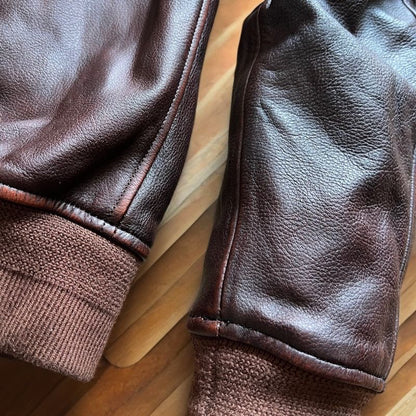 Vintage Cowhide MA-1 Flight Jacket – Hand-Polished Dark Brown Leather