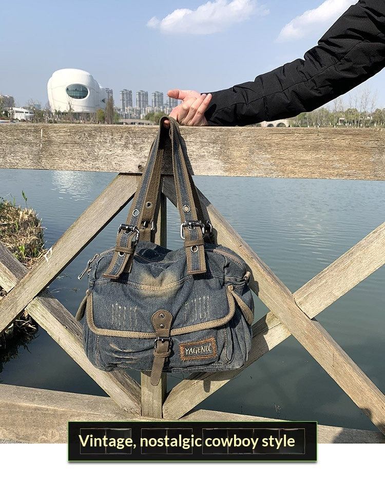 Washed Denim Leather Tote Bag – Vintage 3-Way Shoulder Crossbody Unisex – Bags | japanese streetwear | vintage workwear | unisex | Yamalinclothes
