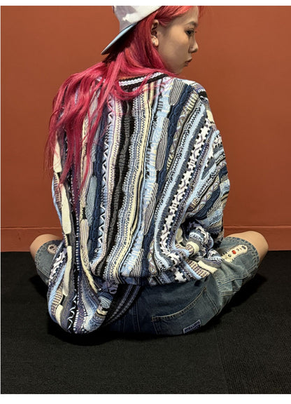 Vertical Stripe Patchwork Jacquard Crew Neck Sweater – Loose Unisex