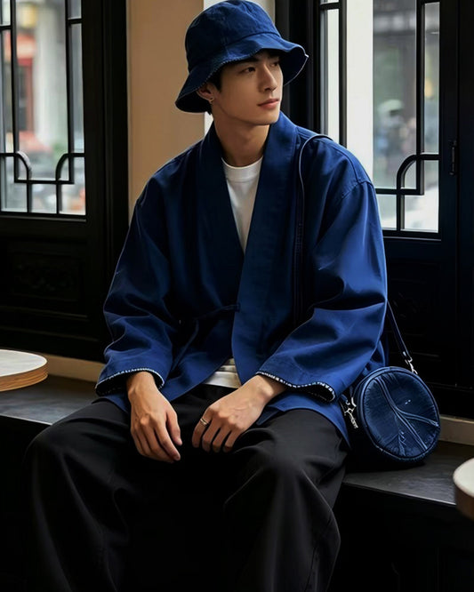 Indigo Dyed Loose Robe Jacket – Japanese Artisan Three-Quarter Sleeve Cardigan