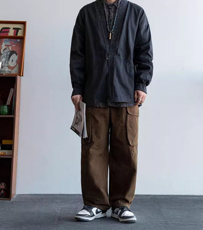 Solid Cotton V-Neck Robe Jacket – American Retro Oversized Unisex – Japanese vintage | fall outfits 2026 | fall winter outfits | classy winter outfits | lazy comfy outfits | japanese streetwear | vintage workwear | yamalin clothes | Yamalinclothes