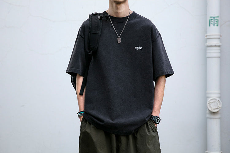 320G Heavyweight Washed Distressed Short Sleeve T-Shirt – Letter Embroidery Vintage Tee for Men – Japanese vintage | yamalin clothes | Yamalinclothes