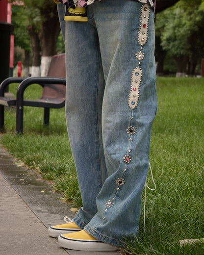 Washed Heavy Duty Jeweled Denim Jeans – Flared & Straight Leg 100% Cotton Streetwear – Japanese vintage | yamalin clothes | Yamalinclothes