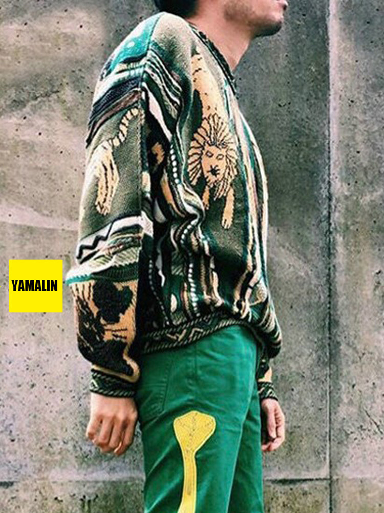 Vintage Green Lion Knit Sweater - Japanese Retro Crew Neck Pullover