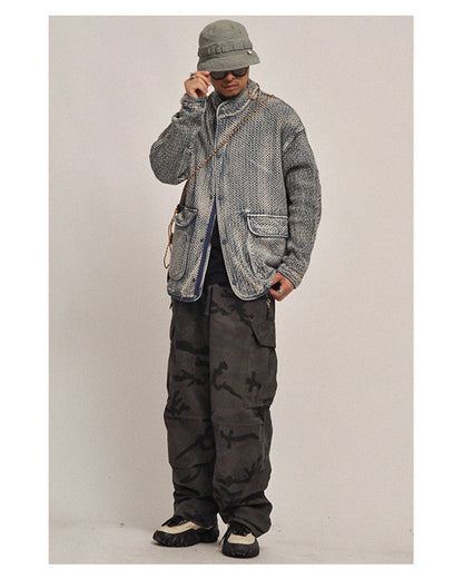 Textured Denim Jacket – Stand Collar & Bound Pockets