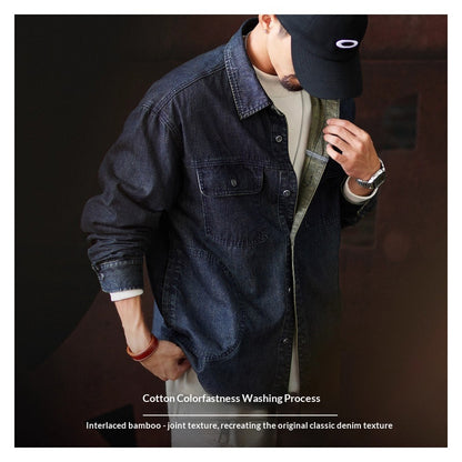 American Workwear Long Sleeve Denim Shirt Jacket - Loose Casual Vintage Denim Overshirt for Men