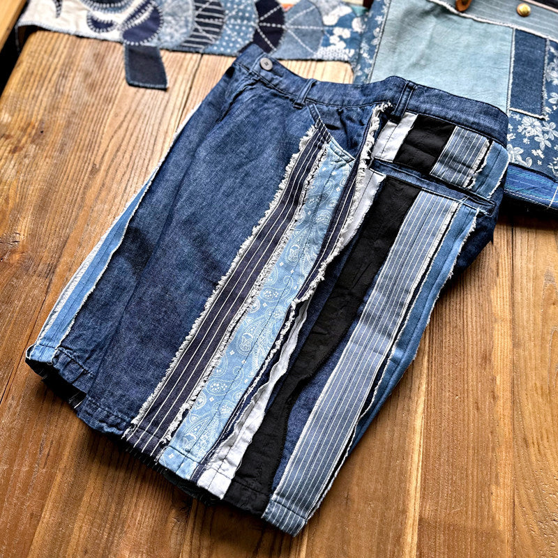 Japanese Vintage Patchwork Denim Shorts – Handmade Ethnic Strip Panel Summer Streetwear – Japanese vintage | yamalin clothes | Yamalinclothes