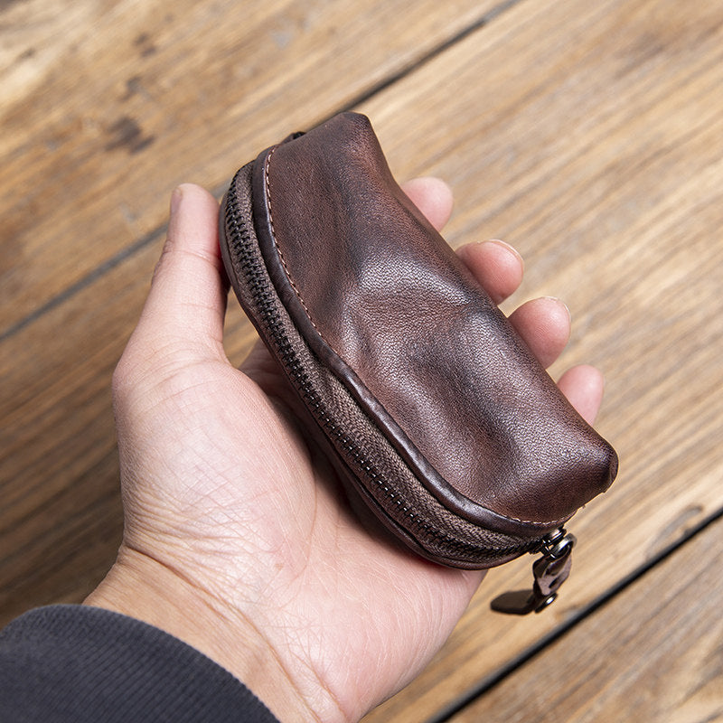 Handmade Top-Grain Cowhide Key Case – Vintage Mini Leather Coin Purse
