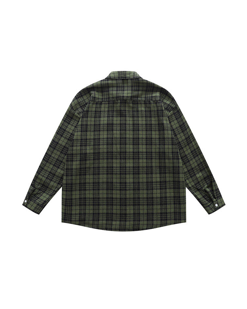 Vintage Sanded Green Plaid Long Sleeve Shirt – Loose Unisex Casual