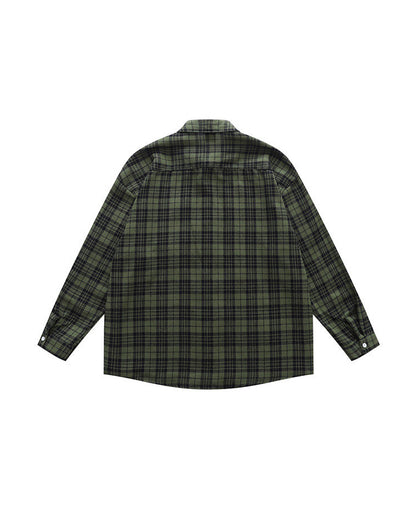 Vintage Sanded Green Plaid Long Sleeve Shirt – Loose Unisex Casual