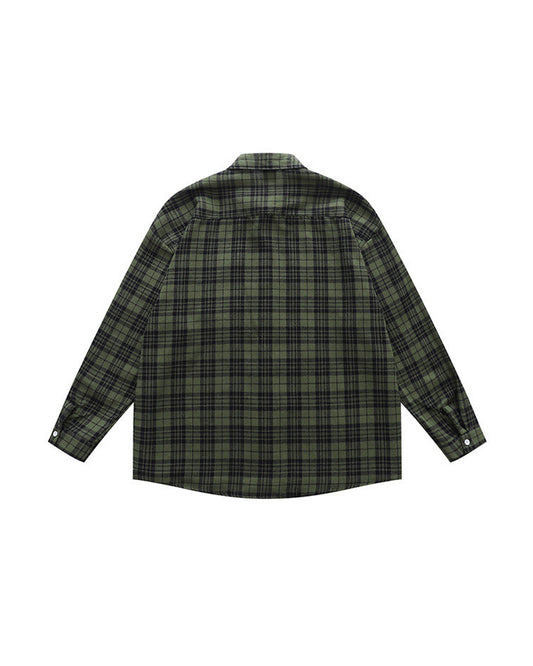 Vintage Sanded Green Plaid Long Sleeve Shirt – Loose Unisex Casual